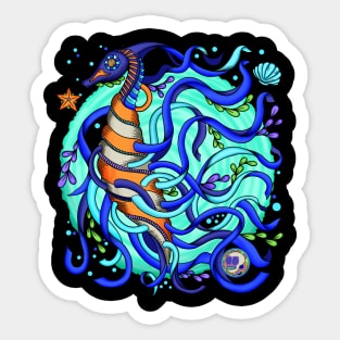 The Seahorse - Underwater Blue World - Dia De Los Muertos - Colorful Seahorse Sticker